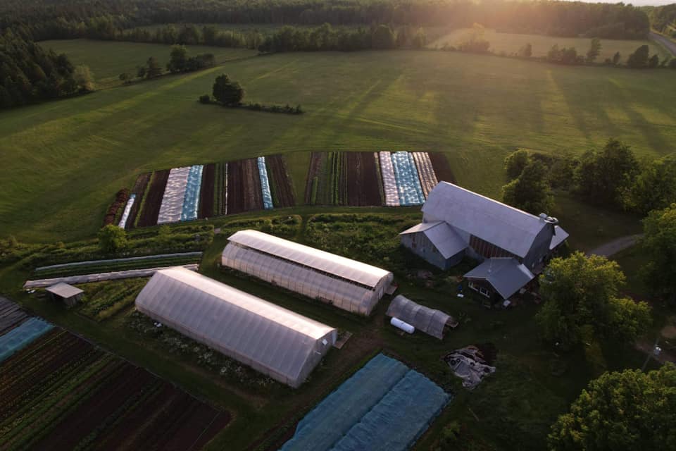 Aerial drone view of Antoine's 2-acre market garden at Jardin Inverness
