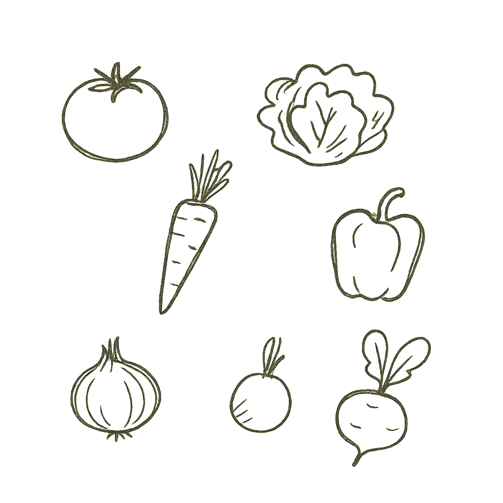 Hand-drawn sketch of an assortment of vegetables clustered together