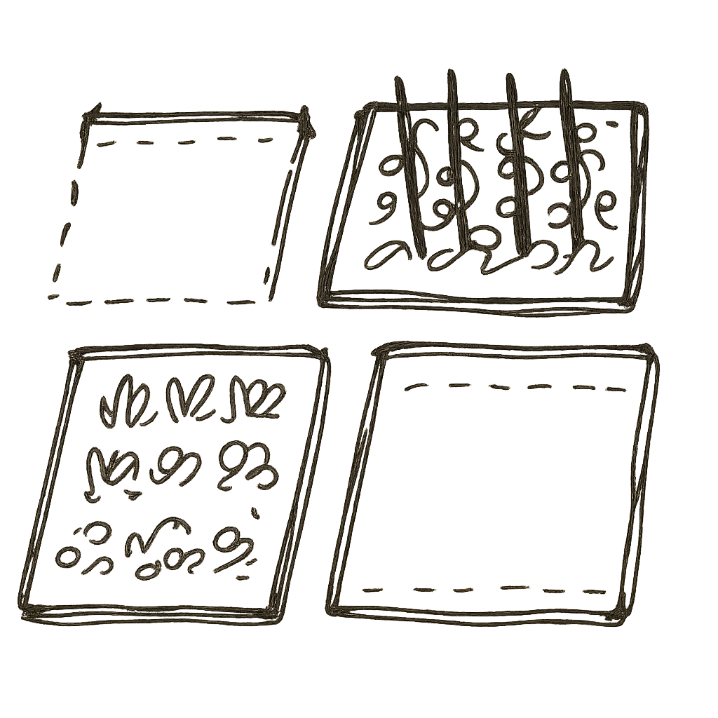 Hand-drawn sketch of four garden beds, two with crops and two drawn with dashed lines as if being removed