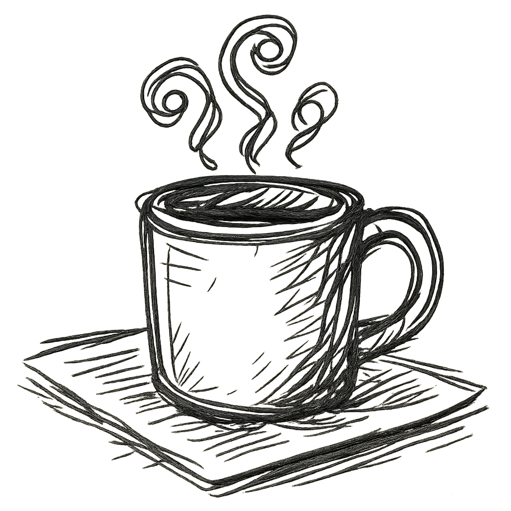 Hand-drawn sketch of a steaming coffee mug resting on a newspaper