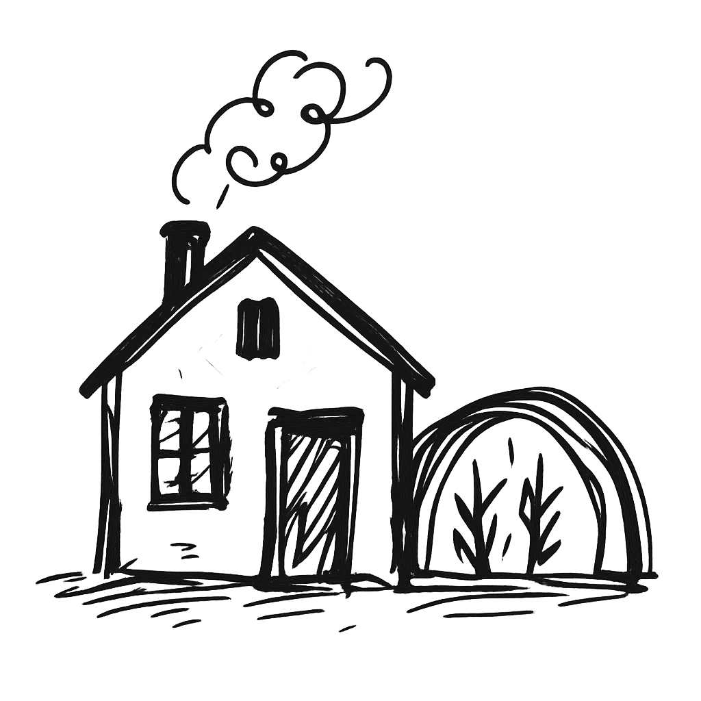 Hand-drawn sketch of a small farmhouse with chimney smoke beside a small arched hoophouse