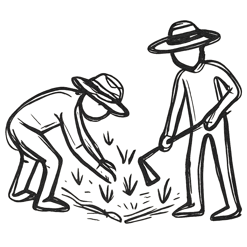 Hand-drawn sketch of two farmer figures working together in a garden bed