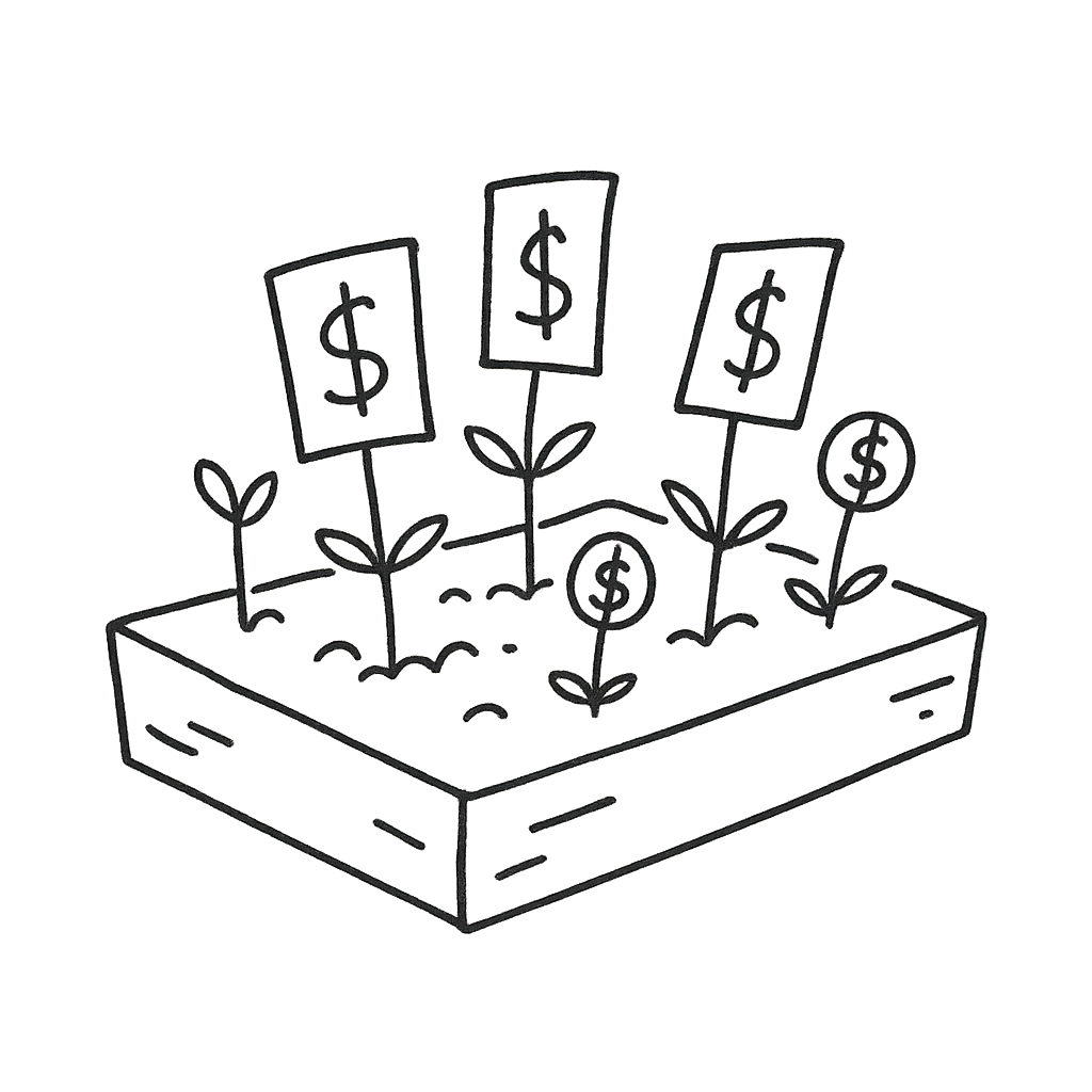Hand-drawn sketch of a garden bed with dollar bills and coins sprouting from it