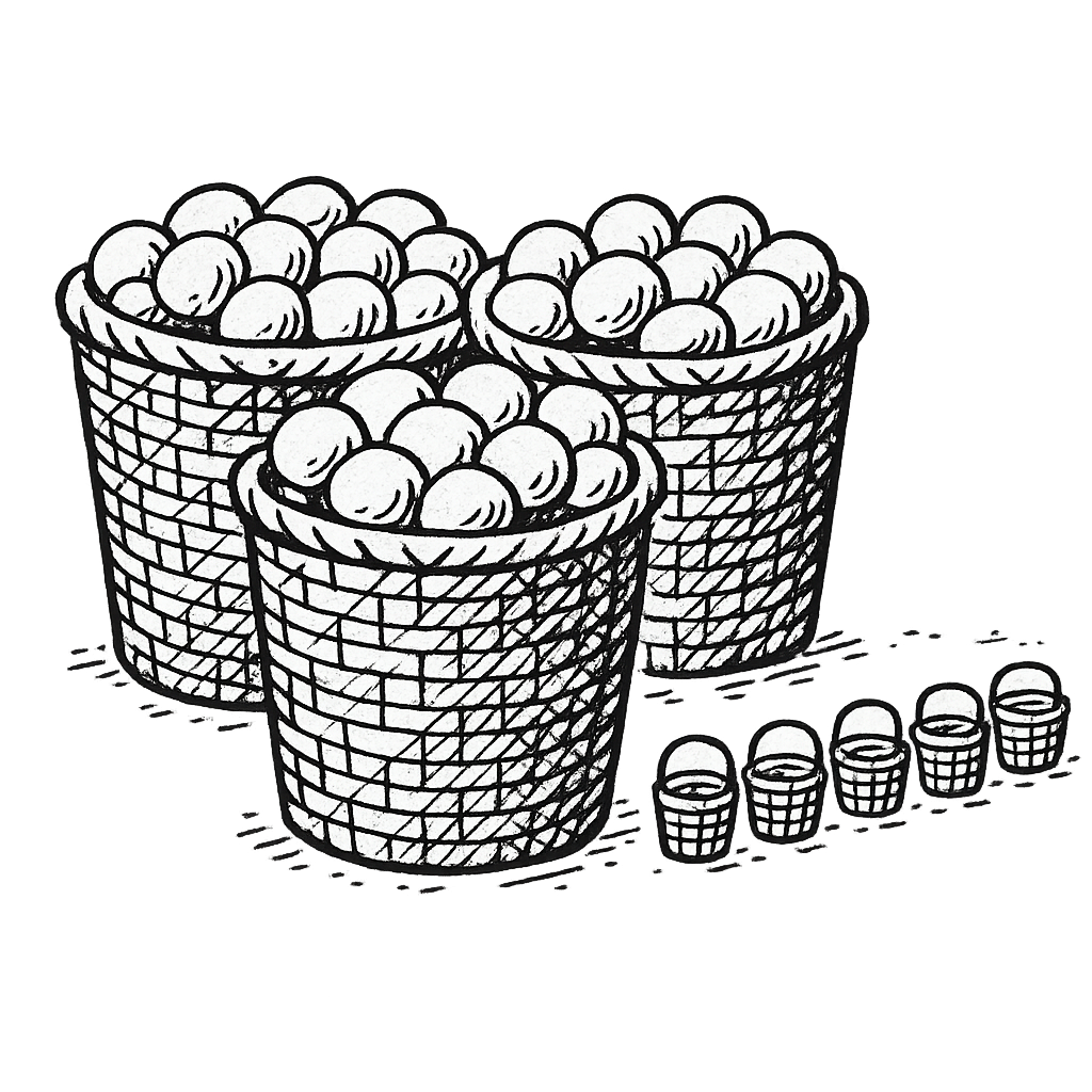 Hand-drawn sketch of three large full baskets clustered next to a row of small empty baskets