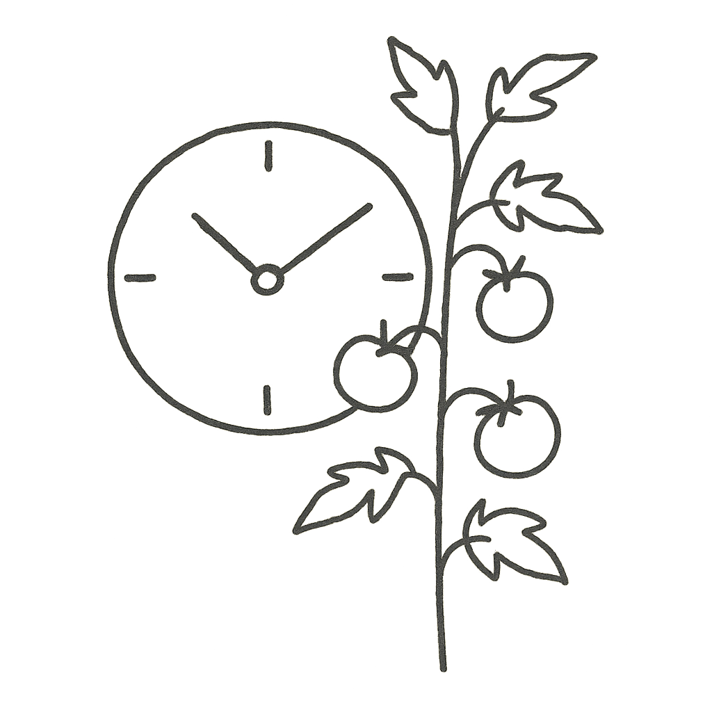 Hand-drawn sketch of a tomato plant overlapped by a clock face
