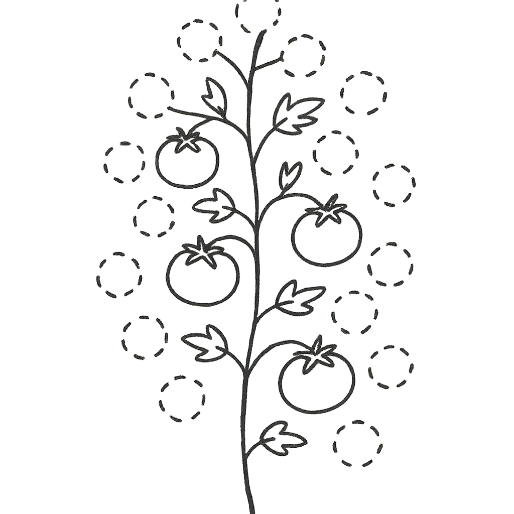 Hand-drawn sketch of a tomato plant with a few solid fruits and many dashed ghost fruits showing unrealized potential